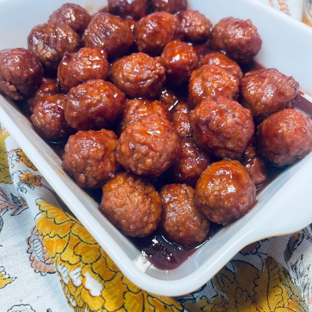 Finished Meatball Appetizer Recipe in a ceramic dish.