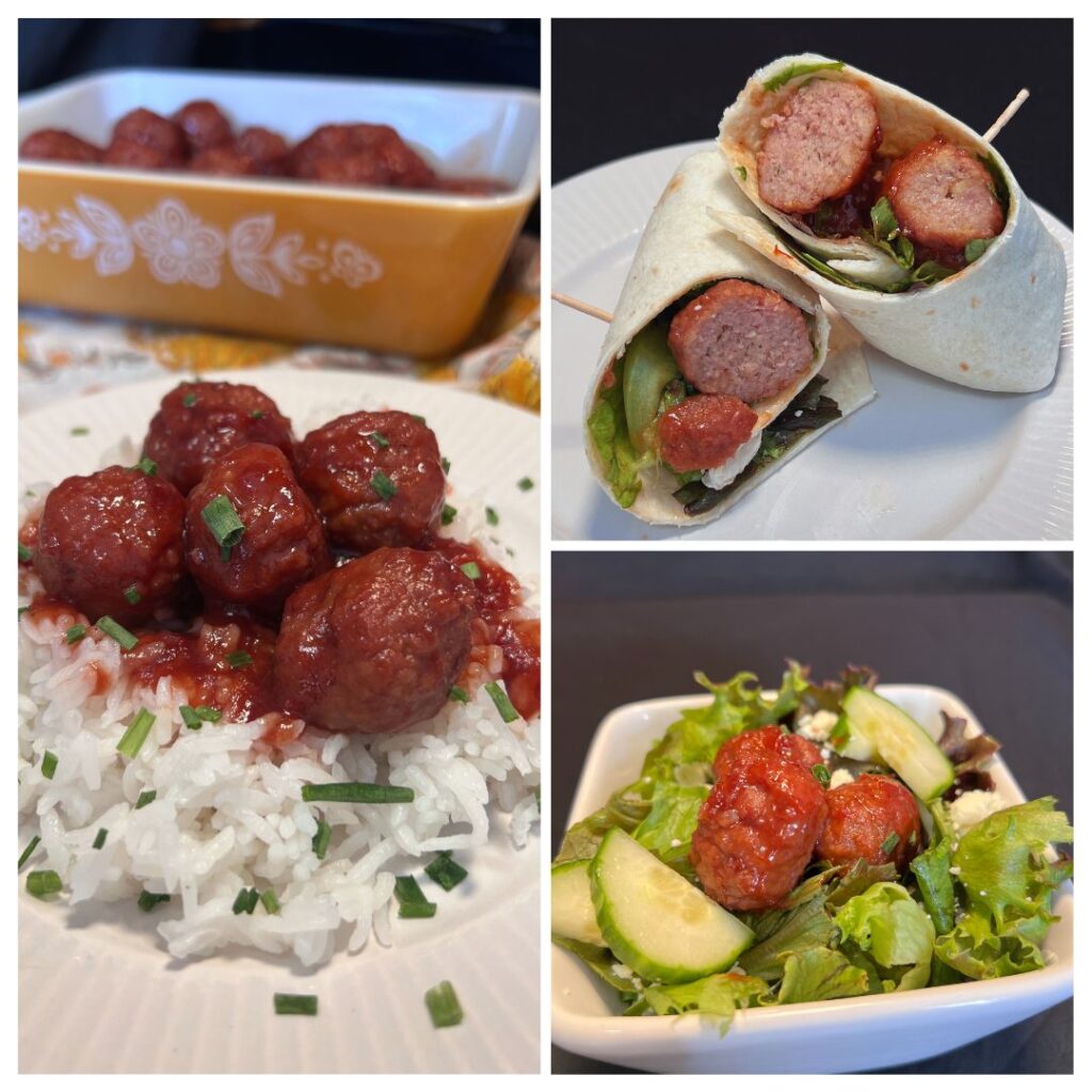 A collage image with meatballs over rice, a meatball wrap and a meatball salad.